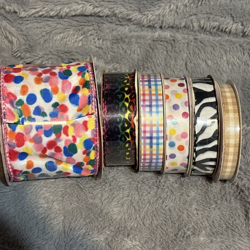 Celebrate it Assorted Ribbon Lot 5 Confetti Polka Dots Rainbow Animal Tan Gingha